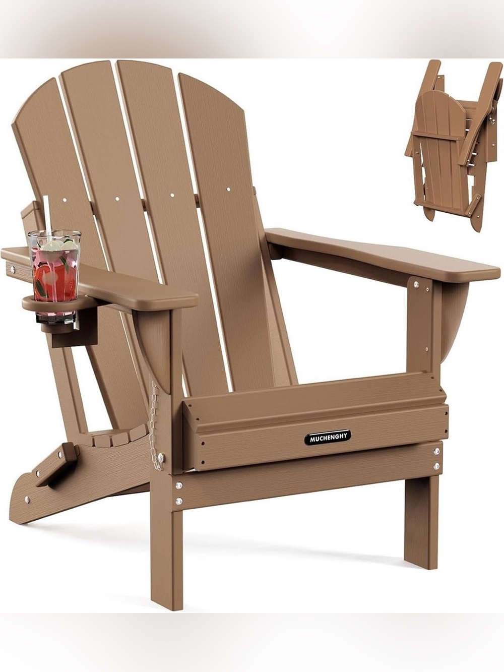 NEW-Folding HDPE Adirondack Weather Resistant Chair with cup holder